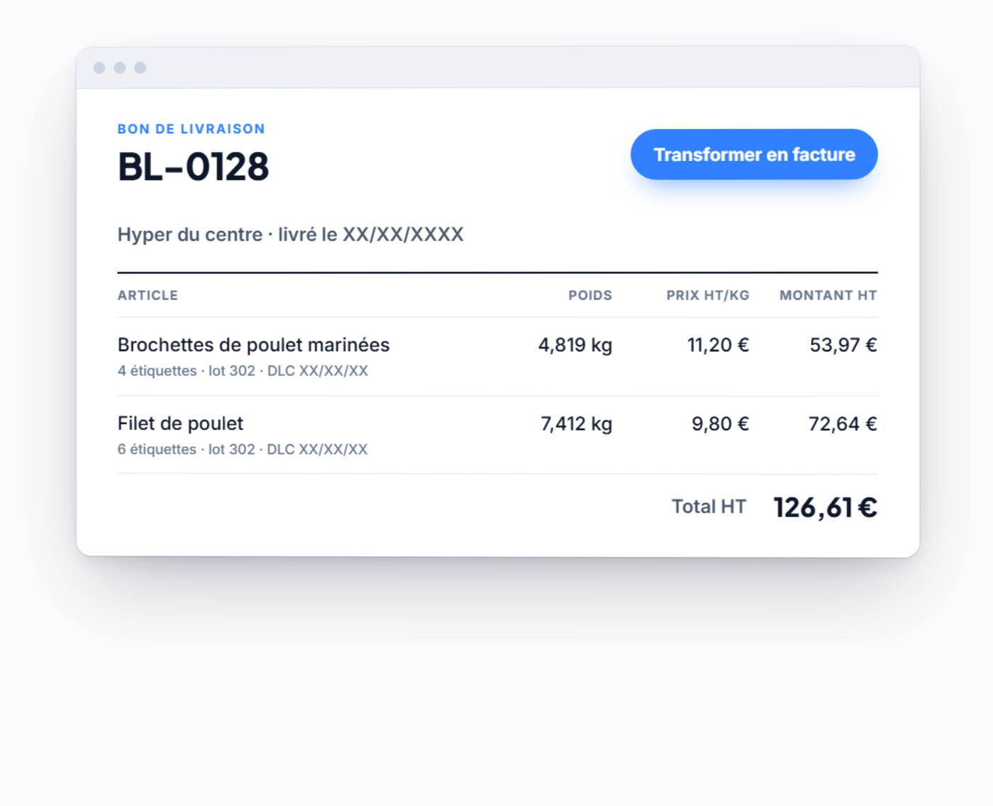 Le bon de livraison dans Logic'S Cloud : une ligne par produit avec le poids, le prix et le lot, et le bouton pour le transformer en facture