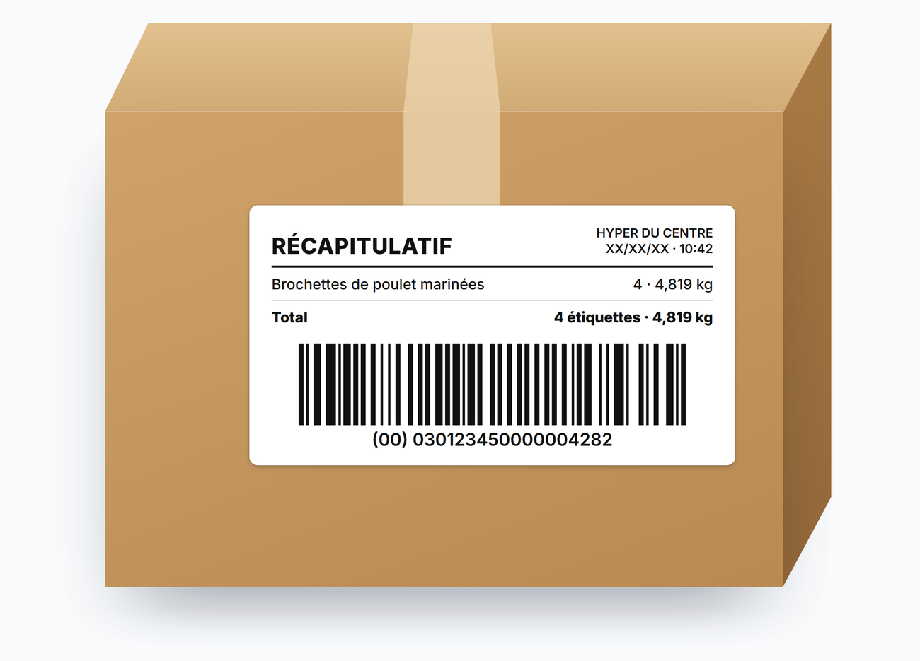 Un carton avec son étiquette récapitulative : le détail de la série, le total et le code-barres logistique