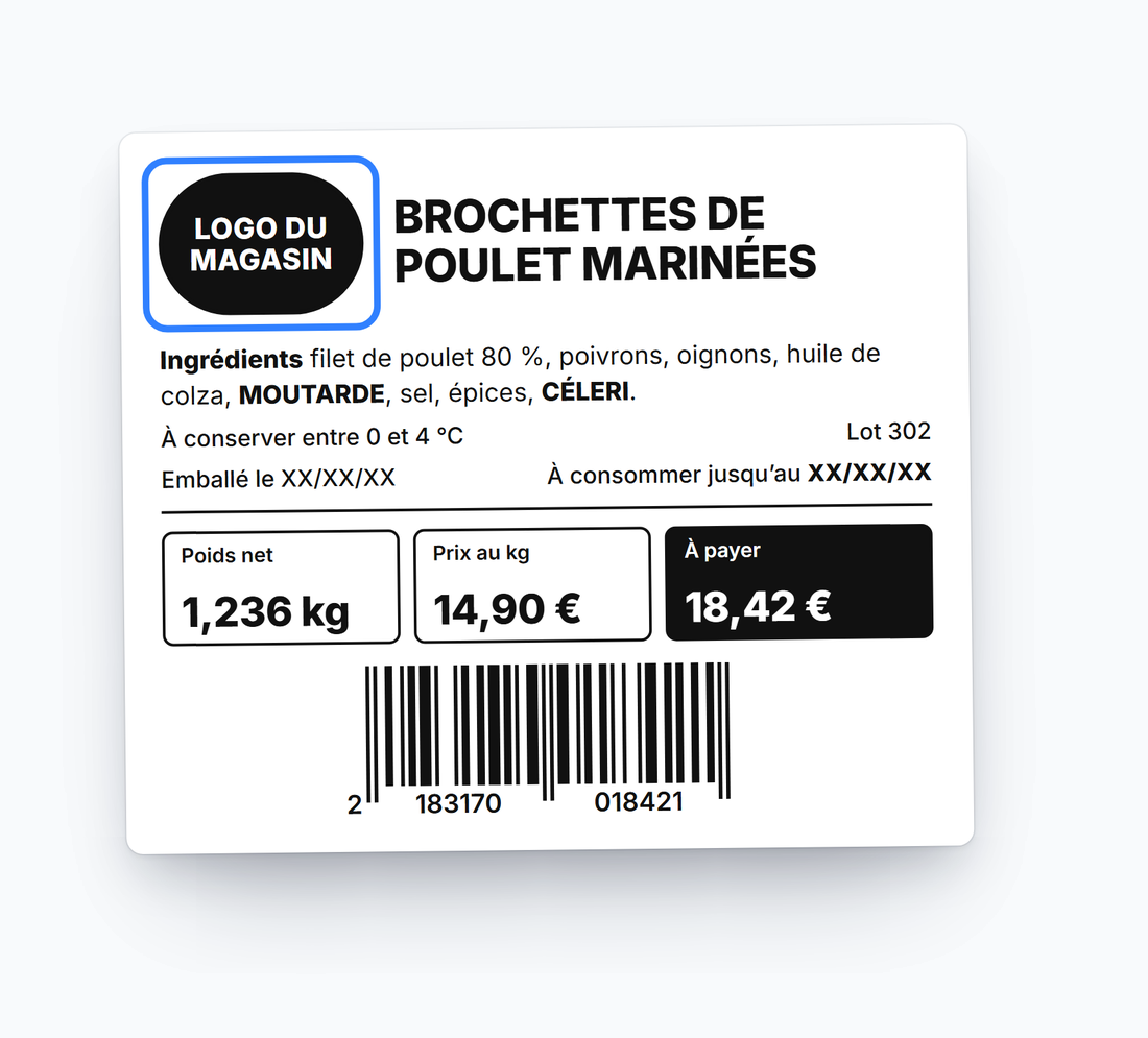 L'étiquette d'une épicerie fine, avec le logo du magasin à la place du vôtre